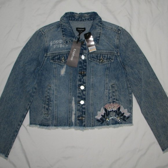 bebe Jackets & Blazers - New BEBE Jean Jacket Beautiful Embroidered